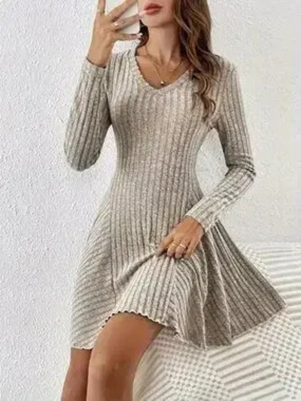 V-Neck Ribbed Knit Flared Knit Dress - Picture 3 of 9